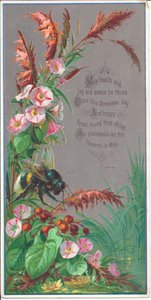 Egy viktoriánus újévi kártya virágok felett lebegő méhről, 1880 körül alkotó: English School