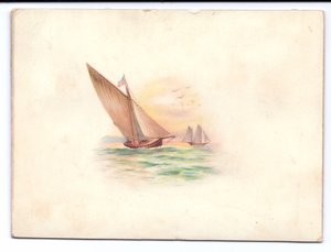 Egy viktoriánus újévi kártya holdfényben vitorlázó jachtokkal, 1895 körül alkotó: English School