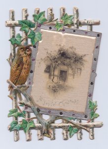 Viktoriánus, kivágott alakú karácsonyi üdvözlőlap bagolyról egy rácson lévő ház festménye mellett, 1880 körül (színes litó) alkotó: English School