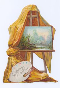 Viktoriánus korabeli formavágott kártya egy festményről egy festőállványon, rajta egy drapériával, 1880 körül (színes litográfia). alkotó: English School