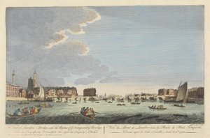 Kilátás a London-hídra az ideiglenes híd romjaival az 1758. április 11-i tűzvész után (színes metszet) alkotó: English School