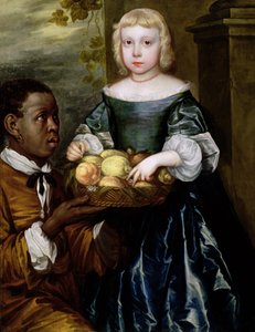 Egy fiatal lánynak egy kosár gyümölcsöt kínál egy szolgáló, 1650 körül alkotó: English School