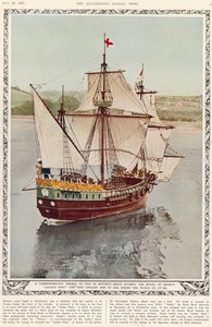 Emlékezetes tisztelgés az egyik nagy brit tengerész előtt: Drakes Golden Hind modellje, az első angol hajó, amely 1577-80-ban körbejárta a világot, a The Illustrated London News Royal Naval és Mi alkotó: English School