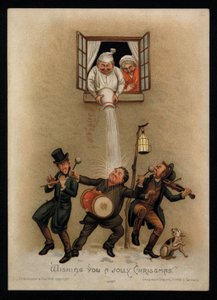 Egy pár kifogásolja az énekeseket az ablakon kívül, karácsonyi üdvözlőlap (chromolitho) alkotó: English School