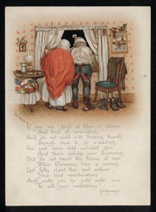 Egy pár kifogásolja az énekeseket az ablakon kívül, karácsonyi üdvözlőlap. (chromolitho) alkotó: English School
