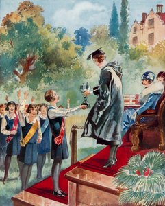A negyedik osztály diadala: egy diáklánynak átadják a trófeát (színes litográfia) alkotó: English School