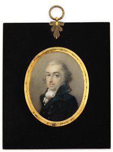 Egy Pryce Edwards nevű úriember kék kabátban, fehér nyakkendőben és púderes parókában (akvarell elefántcsonton, ebonizált fa keretben) alkotó: English School