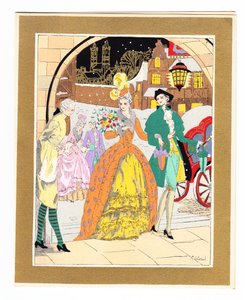 Kézzel színezett francia Pochoir karácsonyi kártya, amely egy lakájt ábrázol, aki egy pár látogatót köszönt Regency ruhában, 1920 körül alkotó: English School
