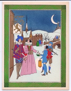 Kézzel színezett francia Pochoir karácsonyi üdvözlőlap egy Tudor-jelenetről, ahol utcazenészeket jutalmaznak teljesítményükért, 1920 körül alkotó: English School