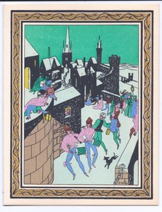 Kézzel színezett francia Pochoir karácsonyi üdvözlőlap egy kastély sáncában fellépő zenészek felvonulásáról, 1920 körül alkotó: English School