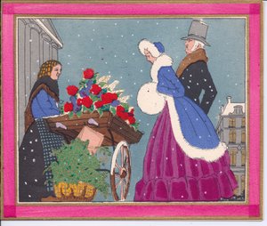 Egy viktoriánus virágárus kézzel színezett francia Pochoir karácsonyi üdvözlőlapja, amelyen a rózsás talicskáját mutatják a járókelőknek, 1920 körül alkotó: English School