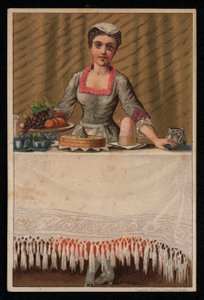 Egy szobalány vagy szolgáló lány asztalt terít étellel, üdvözlőlap. (chromolitho) alkotó: English School