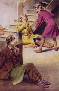 Egy férfi megkötözve, öklendezett és a földön ül, miközben két lány néz (színes litho) alkotó: English School