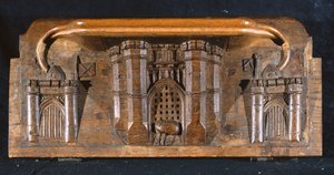 Sir Yvains lovát ábrázoló nyomorúság, amely csapdába esett, amikor egy bonyolult kastély bejáratának szárnyát leeresztik, New College Chapel, Oxford, 14. század vége (fa)