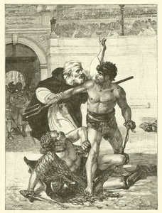 Egy szerzetes, Telemakhus, aki megpróbálja megállítani a gladiátorjátékokat a Colosseumban, Róma (metszet) alkotó: English School