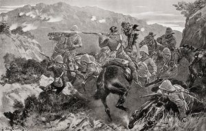 A 13. huszárok pikette a Tugela folyó közelében, a Huszárdomb, KwaZulu-Natal tartományban, a második búr háború idején, Louis Creswicke „Dél-Afrika és a transzvaali háború” című művéből, 1900-ban (litho) alkotó: English School
