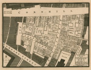 A londoni Cornhill-i Exchange sikátorban 1748. március 25-én kezdődött tűzben elpusztult házak terve. alkotó: English School