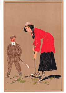 Két golfozó képmása komikus és humoros testtartásban, 1920 körül alkotó: English School