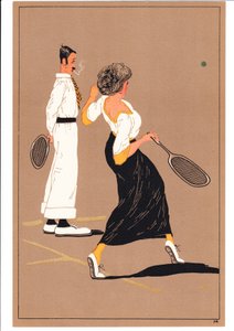 Két teniszezőt ábrázoló nyomtatvány vicces és humoros testtartásban, 1920 körül (színes litográfia) alkotó: English School