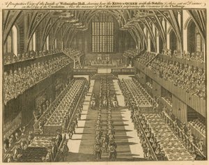 Kitekintés a Westminster Hall belsejéből, amely bemutatja, hogyan ült a király és a királynő a nemességgel és másokkal együtt vacsorázni a koronázás napján alkotó: English School