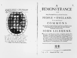 A Levellerek 1646-ban közzétett tiltakozása az alsóházhoz vezetőjük, John Lilburne (kb. 1614-57) bebörtönzésével kapcsolatban alkotó: English School