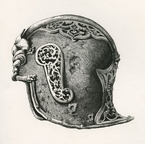 Sallet, más néven salade vagy schaller harci sisak, A.D. 1450, The British Army: Its Origins, Progress and Equipment, 1868-ban megjelent. alkotó: English School
