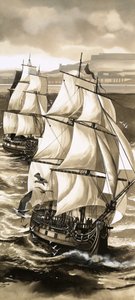 Jean de La Perouse-nak a Csendes-óceán partjainál tett felfedezőútjára való indulását ágyúszó kísérte. alkotó: English School