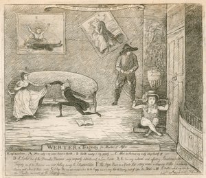 Egy jelenet F Reynoldss burleszk Werterből, amelyet először a londoni Covent Garden Színházban mutattak be 1786. március 14-én. alkotó: English School