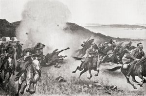 A haditengerészeti brigád lövedéke szétszórja a búrokat a Seven Sisters Kojes mögül a március 7-i akció során. alkotó: English School