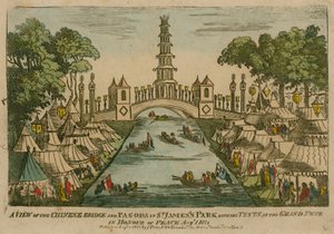 Kilátás a kínai hídra és a Szent Jakab parkban lévő pagodára a sátrakkal a Nagy Ünnepségen a béke tiszteletére, 1814. augusztus 1. alkotó: English School
