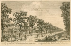 Kilátás a londoni Vauxhall Gardens Grand Walkra, a bejárattól alkotó: English School