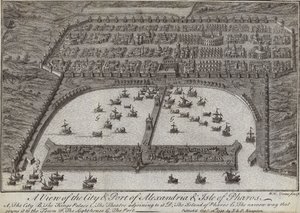 Kilátás Alexandria városára és kikötőjére, valamint Pharos szigetére, Egyiptom, 1738 alkotó: English School