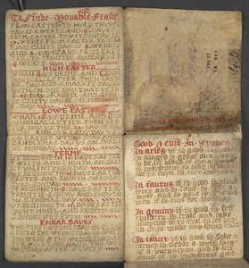 Hozzáadás. 17367, f.1r Almanachból, amely tartalmazza a dominikus betűk és arany számok táblázatát; útmutatás a mozgatható lakomák megtalálásához; szentek naptára, korszakok, angol uralkodók listája, időjárás előrejelzések, állatöv jegyek hatása (vellu alkotó: English School