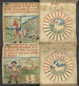 Hozzáadás. 17367, f.4r Aries & Taurus, az Almanachból, amely dominikus betűket és arany számokat tartalmaz; útmutatás a mozgatható lakomák megtalálásához; szentek naptára, korszakok, angol uralkodók listája, időjárási előrejelzések, a t jeleinek hatása alkotó: English School