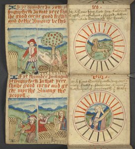 Hozzáadás. 17367, f.6r Leo & Virgo, az Almanachból, dominikus betűk és arany számok táblázatát tartalmazza; útmutatás a mozgatható lakomák megtalálásához; szentek naptára, korszakok, angol uralkodók listája, időjárási prognózisok, az ország jeleinek hatása alkotó: English School