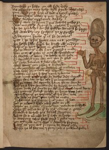 Add hozzá 37049 f.32 Egy vigyorgó, integető és magas kalapot viselő csontváz peremképe, „Makabre hajnala” 1460-1500 körüli képe (tinta és szín pergamen) alkotó: English School