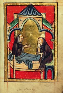 Add hozzá 39943 f.21 Boisil, Cuthbert prior Melrose-ban, halálos ágyán, Bede „Szent Cuthbert élete és csodái” című könyvéből, latin (Durham) (vellum) alkotó: English School