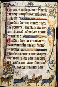 Adja hozzá a 42130 f.182 szöveges lovas rajzkocsit, amely az f.181v-n látható, a „Luttrell Zsoltárból”, c.1325-35 (vellum) alkotó: English School