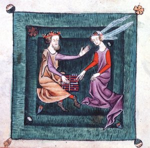 Add hozzá a 42130 fol.76v Egy királyt és hölgyet, aki egy kertben ül, és backgammonra emlékeztető társasjátékot játszik a Luttrell Zsoltárból, amelyet 1340 előtt Sir Geoffrey Luttrell (vellum) indított el. alkotó: English School