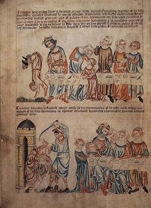 Add hozzá a 47682 f.21v Salome-t, aki Heródes és Keresztelő János halála előtt táncol, a „Holkham-bibliából”, 1320-30 körül (vellum) alkotó: English School