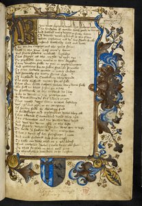 Hozzáadás. 5140 f.2 Initial "W", Geoffrey Chaucer "Canterbury meséinek" prológusa, 1500 körül (tinta és színes pergamen) alkotó: English School