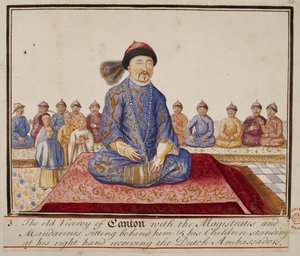 Hozzáadás. 5353, f.65 Kanton alkirálya bírókkal és mandarinokkal, gyermekei a jobbján állva fogadják a holland nagyköveteket, a „Különféle népek jelmezei gyűjteményéből” alkotó: English School
