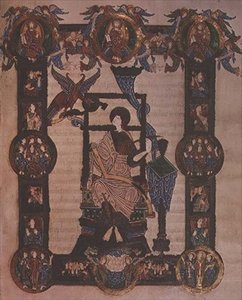 További 34890, f.114v: Szent János evangélista, a Grimbald-evangéliumokból, 1020 körül (vellum) alkotó: English School
