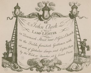 John Clarke lámpagyújtó hirdetése, Denmark Street, London alkotó: English School