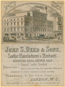 John S Deed & Sons, bőrgyártók és -kereskedők hirdetése, 451 New Oxford Street, London