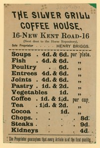 A The Silver Grill Coffee House hirdetése, 16 New Kent Road, London alkotó: English School