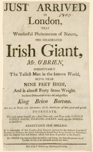 Charles Byrne, más néven OBrien, az ír óriás megjelenésének hirdetése, a világ legmagasabb embere alkotó: English School