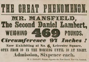 Hirdetés Mr Mansfield, egy második Daniel Lambert megjelenéséről, aki 469 fontot nyom. alkotó: English School