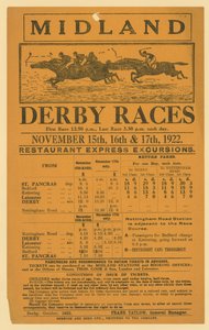 Vasúti kirándulás hirdetése a Midland Derby Races versenyre, 1922. november 15-17. alkotó: English School