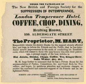 A London Temperance Hotel hirdetése az Új Brit és Külföldi Társaság a mértéktelenség elnyomásával védnöksége alatt alkotó: English School